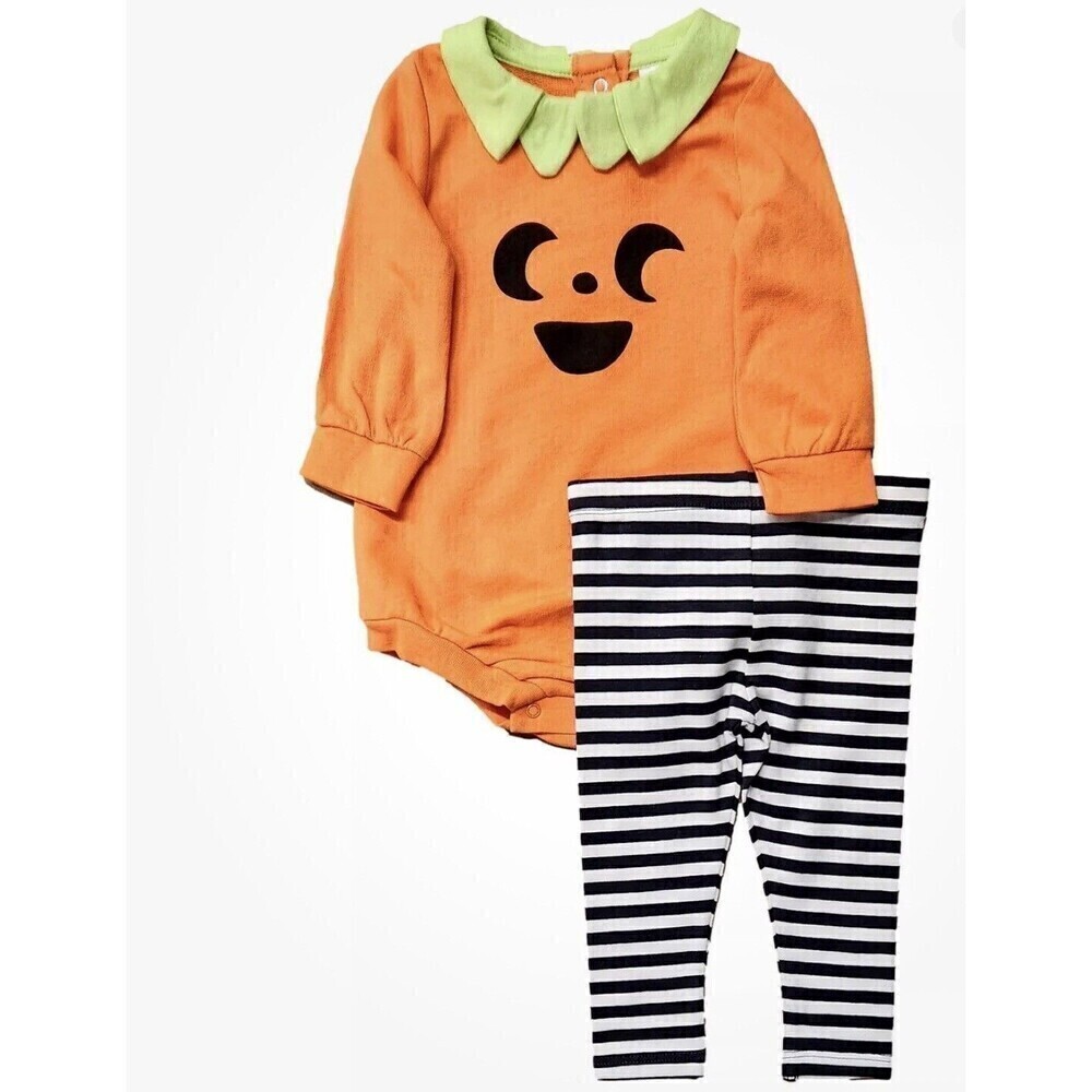 Infant Orange Pumpkin Halloween Bodysuit & Stripe Pants Set Size 0-3